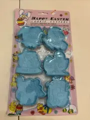 Vtg Sun Hill Easter Plastic Blue Cookie Cutters in Package - Bunny Chick Egg