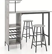 3PCS Bar Table & Stool Set 120cm Counter Height Dining Table Set w/Glass Holders & Wine Rack Pub Table Set Grey