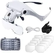 Hands Free Headband Magnifying Glass, Magnifying Glasses, Rechargeable, Hands-Free Illuminated Headset. Magnifying Glasses with LED Light, 5 Lenses. for Reading, Jewelry Work, Crafts