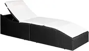Adjustable Folding Poly Rattan Sun Lounger with Cushion, Black & Cream White – Outdoor Chaise Lounge with Washable Cushion Cover, 192 x 62 cm