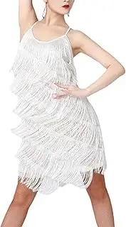 [yuksok] Women Sequin Tassel Dress V Neck Flapper Dress for Rumba Ballroom Party, White, L