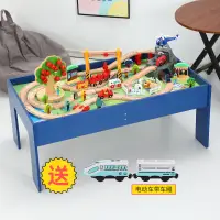 在飛比找蝦皮購物優惠-嬰兒兒童玩具﹍►勒酷小火車套裝軌道車游戲桌木質積木停車場嬰幼