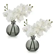 White Orchids Artificial Flowers Faux Orchid Arrangement with White/Black Vase
