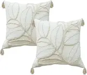 Bay Breeze 2 Decorative Square Throw Pillow Covers, Hand Woven Fringed Cushion Cover with Tassels, Soft Linen Chenille Pillow Case (Creamy Leaf)