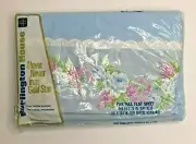 Vintage Bed Sheet Full Flat Burlington House Sky Blue Roses Flowers Trim - NOS