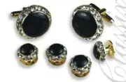 Black Enamel Stone Center Austrian Crystal Border Tuxedo Studs and Cufflinks