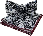 [Zasel] Mens Black, White & Blue Floral Cotton Bow Tie & Pocket Square Set Black, White, Blue