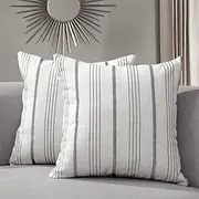[Sunlit] Decorative Farmhouse Throw Pillow Case, Set of 2 Cream/Off-White with Black Stripes Modern Accent Square Pillow Cover, 18" x 18", Textured Linen Throw Cushion Covers for Couch Chair Bedroom