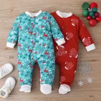 在飛比找蝦皮購物優惠-新款女嬰衣服聖誕衣服麋鹿聖誕印花單排扣長袖嬰兒連身衣冬季嬰兒
