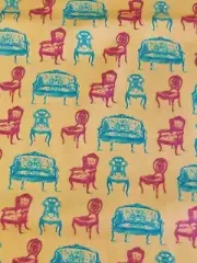 Victorian Chairs Settee Pattern Tan Turquoise Cotton Fabric Almost 1 Yard (34")