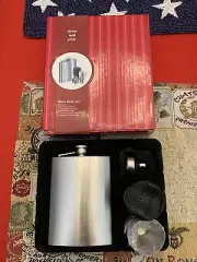 Stainless Steel Flask 8”, 6 piece set, w/Funnel and 4 cups, Engravable, NIB