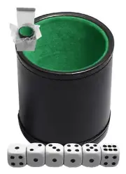 (6) 16mm White Pip Dice + Black PU Leather Green Felt Lined Dice Cup Gift Boxed