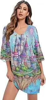 [RPLIFE] Colorful Cartoon Drawing Fairytale Castle Chiffon V Neck Dress Printed Chiffon Dress Line Maternity Dress