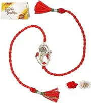 [MEENAKARI HERITAGE JEWELLERY] Pure 925 Sterling Silver Swastik Ganesha Rakhi Set with Roli Chawal, Rakshabandhan Greeting Card and Authenticity Certificate For Brother/Boys/Men/Unisex, One Size