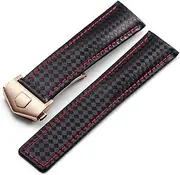 [BANDKIT] 20 22mm Carbon Fiber Textured Calfskin Black Red Watch Strap, Men's Strap and Folding Buckle，For TAG Heuer 20mm 22mm Watch Strap Replacement Accessories