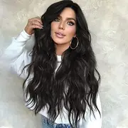 Long Black Wavy Wigs for Women Middle Part Curly Black Wig Natural Looking Synthetic Heat Resistant Fiber Wigs Hair Replacement Wigs for Daily Party Use Wig 24