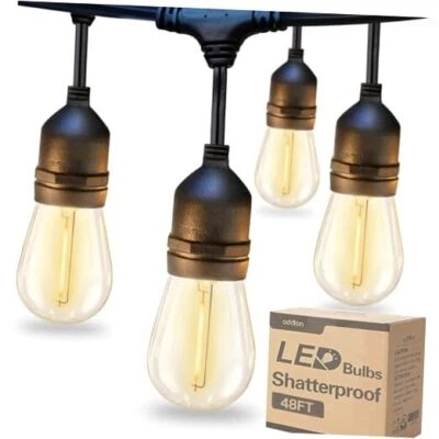 LED Outdoor String Lights with Edison Vintage Shatterproof Bulbs 48FT Black