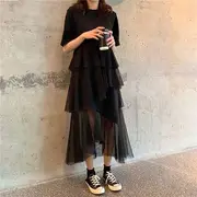 Elbow-Sleeve Tiered Mesh Overlay Midi T-Shirt Dress Gray - One Size