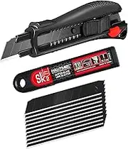 HAUTMEC 18mm Utility Knife Box Cutter with Quick Change Button and 10pcs Blade Set, Retractable Snap off Black SK2 Ultra Sharp Blade, Anti-Slip Ergonomic Rubber Handle HT0094