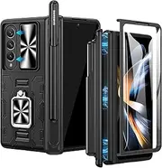 [Caka] Galaxy Z Fold 4 Case with Screen Protector & S Pen Holder, Kickstand Ring Stand Camera Cover & Hinge Protection Phone Case for Samsung Galaxy Z Fold 4 5G 2022 - Black