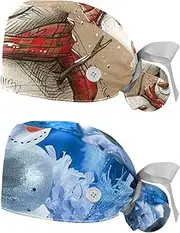 [YTYVAGT] 2-Pc,Nurse Scrub Caps,Scrub Hats with Buttons and Cotton Sweatband,Christmas Snowmen Snow
