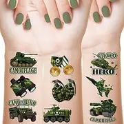 144 Sheets Camouflage Tattoo Camouflage Army Party Favors Military Tank Helicopter Fake Tattoos Stickers for Men Boys, 9 Styles