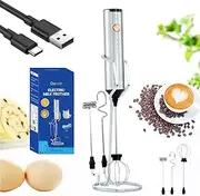 Rechargeable Milk Frother Handheld – 3-Speed 5-in-1 Electric Foam Maker for Coffee, Latte, Cappuccino, Milk Froth & Eggs – 3 Attachments (Whisk, Frother, Mixer) with Stand, Portable & Stainless Steel