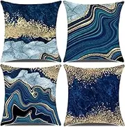 Decorative Pillow Covers, Navy Blue and Gold Marble Throw Pillow Cover,18x18 Square Blue Cushion Cover, Abstract Throw Pillows Case, Sofa Living Room Couch Home Decor Pillowcase Set of 4