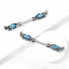 Pair Tribal Feather W/ Turquoise Enamel 316L Surgical Steel Nipple Barbell Ring