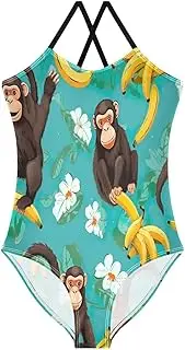 [RPLIFE] Funny Monkey Bananas Turquoise Kids Swim Suits for Girls, 3-10T Summer Swimsuits Girls Beach Bathing Suit
