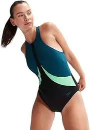 [Speedo] Womens Colourblock Highneck Crossback Swimming Costume Black Dark Teal Harlequin Green
