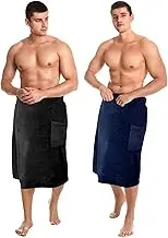 Tudomro 2 Pcs Men's Bath Wrap Towel Shower Adjustable Terry Body Spa Towel with Pocket After Shower Wrap for Men Gift Spa College Bath Dorm Room Gym(Large,Black, Navy Blue)
