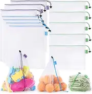 SPLF 12 Pcs Heavy Duty Reusable Mesh Produce Bags, Barcode Scanable See Through Food Safe Mesh Bags with Drawstring for Fruits, Vegetable, Food, Toys, Grocery Storage, Large Medium Small