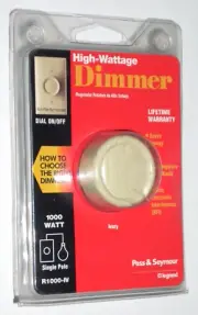 Pass & Seymour High Wattage Dimmer Light Switch w Push On/Off Ivory - R1000-IV