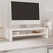 Monitor Stand, Solid Pine Wood, White, Desk Organizer for TV, Media, Living Room, Entertainment Center, Table, Shelf Storage, 50x24x13cm