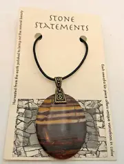 Tigers Eye Stone Statements Oval Necklace Pendant Leather Cord Silver Tone Clasp