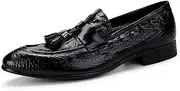 [Generic] Driving Loafer for Men Formal Shoes Slip On StyleGenuine Leather Tasseled Crocodile Texture Pointed Toe Low Top Block Heel Solid Colors