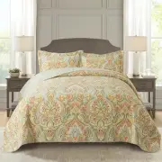 Cotton Bedspread Quilt Sets-Reversible Patchwork Queen European Beige Floral