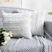 LUXTON Tassels Fringe Cushion Covers, Bohemian Cotton Linen Striped Decorative Throw Pillow Covers, Set of 2, white, 18 x 18 inch 45 x 45 cm