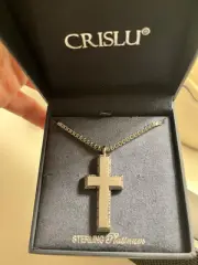 CRISLU Mens Matte Box Chain Cross Necklace with Baguette CZ In Black Rhodium