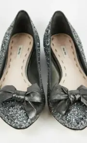 MIU MIU AMAZING SILVER GLITTER PEWTER BOW POINTY TOE FLATS EU 37 38 I LOVE SHOES
