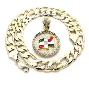 ICE BLING HIP HOP DOMINICAN REPUBLIC FLAG PENDANT WITH 12mm 20" FIGARO CHAIN