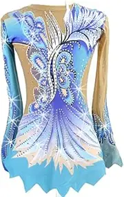 [LIUHUO] Women Rhythmic Gymnastics Leotards Performance Suit Blue Print Shiny Rhinestone