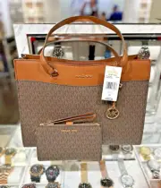 Michael Kors Jet Set Travel Large Brown Tote with Double Zip Wallet Handbag Set