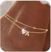 [MYYOII] Ankle Bracelets for Women Initial Anklets Waterproof 14K Gold Filled Handmade Dainty Layered Heart CZ Bead Initial Anklets Adjustable Ankle Bracelet Summer Beach Jewelry for Women
