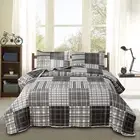 Queen Full Size Quilt Set Plaid Bed Spread Coverlet Black White Grey Plaid Patch