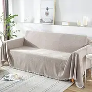Linen Couch Cover Beige Couch Cover Couch Blanket Cover for Loveseat, 3-Cushion Sofa, Futon, etc Extra Large Couch Cover Throw Linen Sofa Cover Blanket Chenille Sofa Covers with Tassel,Khaki 71" X118"