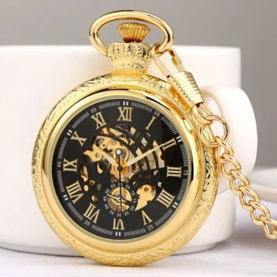 Men's Mechanical Pocket Watch Gold Case Open Face Pendant Chain Fob Watches Gift