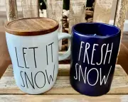 RAE DUNN Let It Snow Blue Mug W/Snowflake Wood Lid/Coaster & Fresh Snow Candle