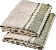 LINENVIBE Pure Linen Kitchen Tea Towels - 100% Flax Linen Dish Towels 17 x 27 inch with Olive Green French Country Stripes - Flax Hand Towels - Set of 2